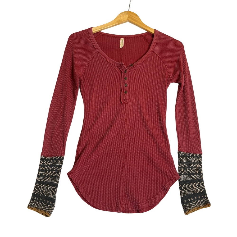 Free‎ People Textured Waffle Knit Henley Burgundy Boho Western Beachy Casual S